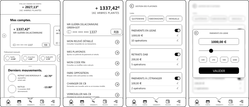 black and white wireframes of the screens. The home shows an image of the credit card associated to the account for you to click and access your account options. Then on second screen you have a list of actions you can do. On third you see all limits existing on your account (online payments, ATM withdrawal, international payments...) and on the fourth you can change the limit