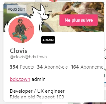 card contains same infos + a tag if they follow you, a big button to follow/unfollow, another tag if they're an admin. Card also features a bio