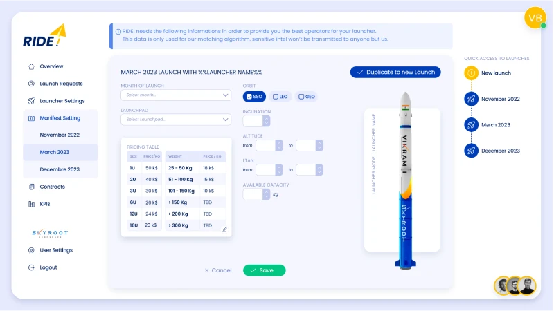 2 columns of fields to enter every data needed for the match-making, from date of launch to desired altitude. A picture of the rocket is displayed on the right.